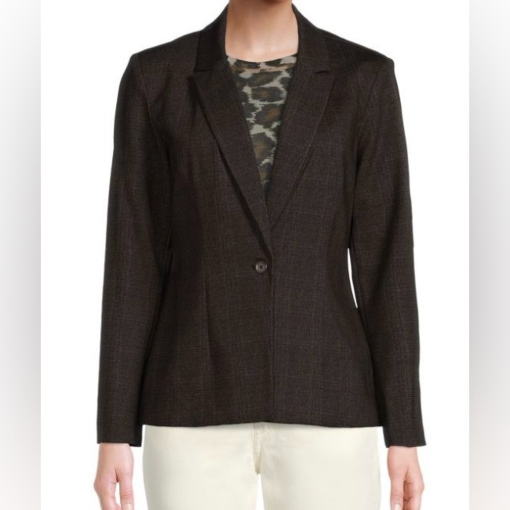 Nanette Lepore Plaid Window Pane Ponte Single-Button Lined Blazer in Brown (10) - Picture 2 of 12